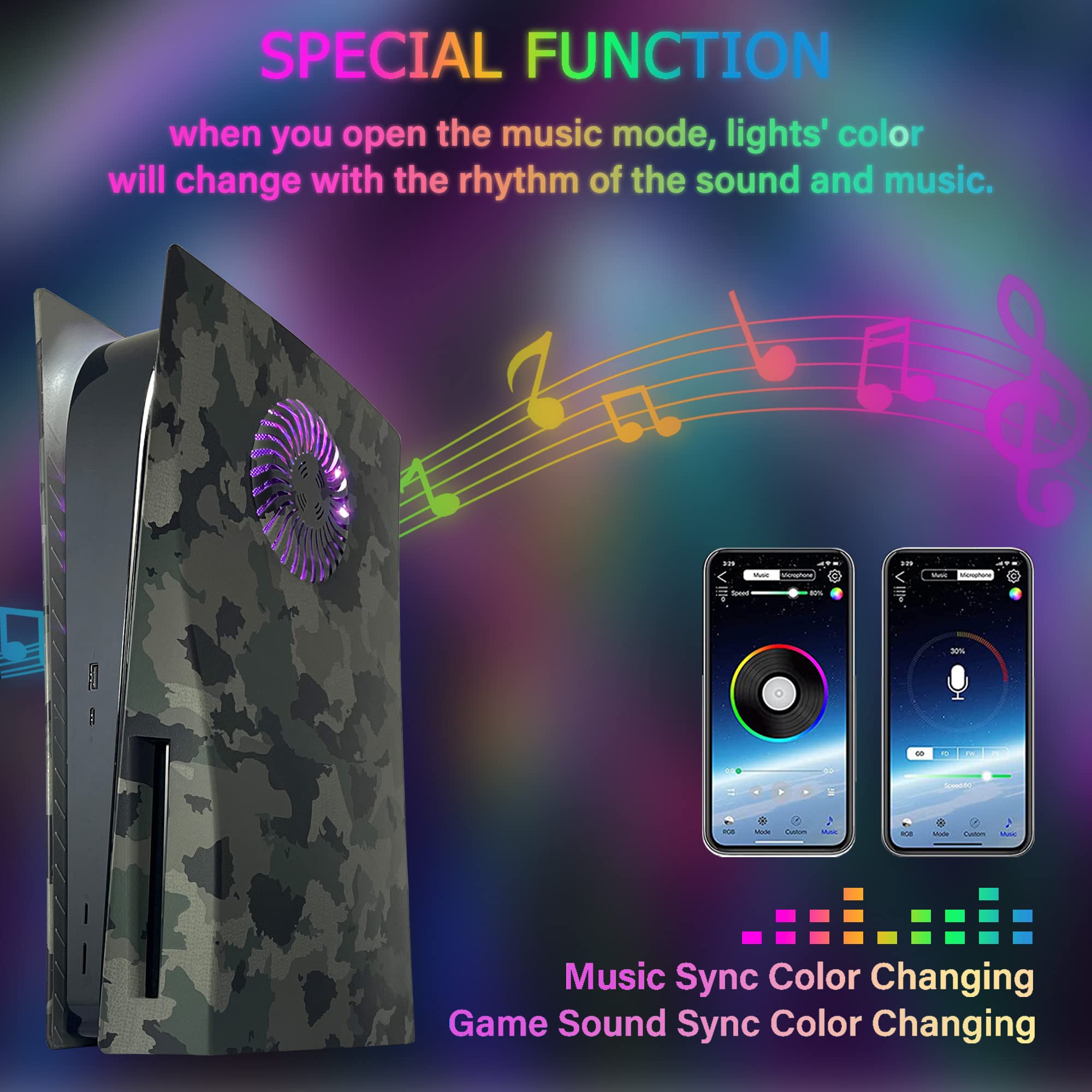 Craques PS5 faceplate with RGB lighting featuring music sync color changing and camouflage design