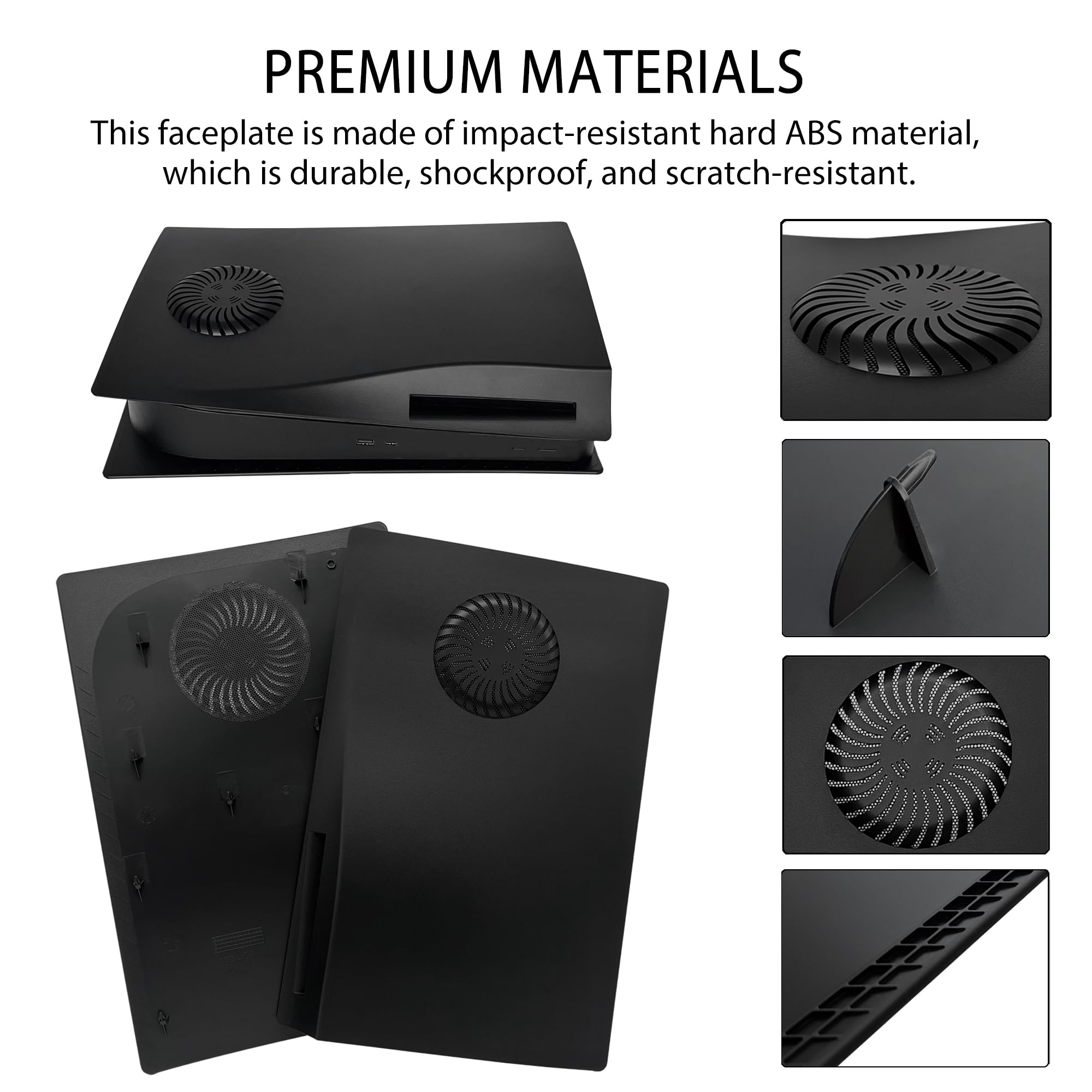 Black PS5 faceplate with RGB lighting made of impact-resistant ABS material, durable and scratch-resistant