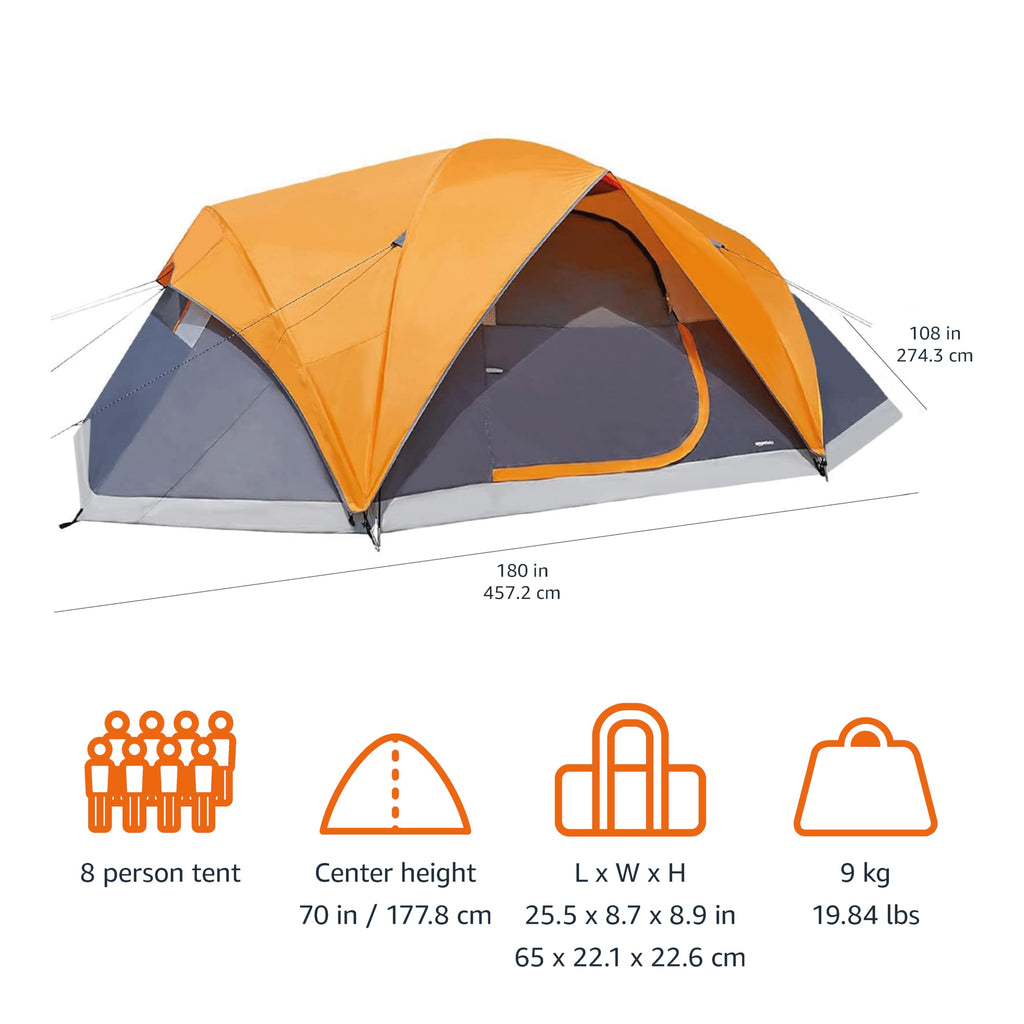 Craques dome camping tent with rainfly in orange and gray for 8 persons