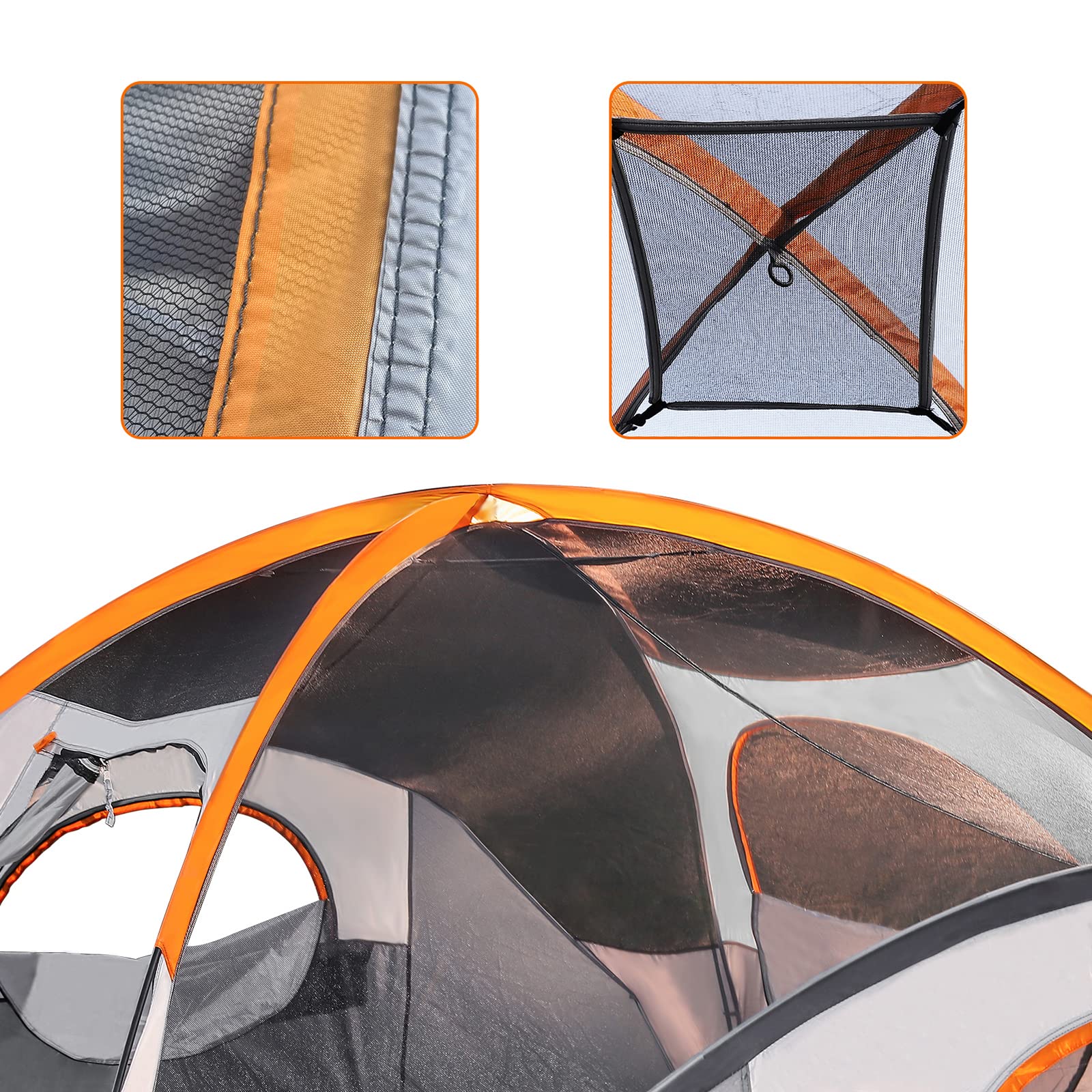Craques dome camping tent with rainfly featuring orange trim and breathable mesh panels