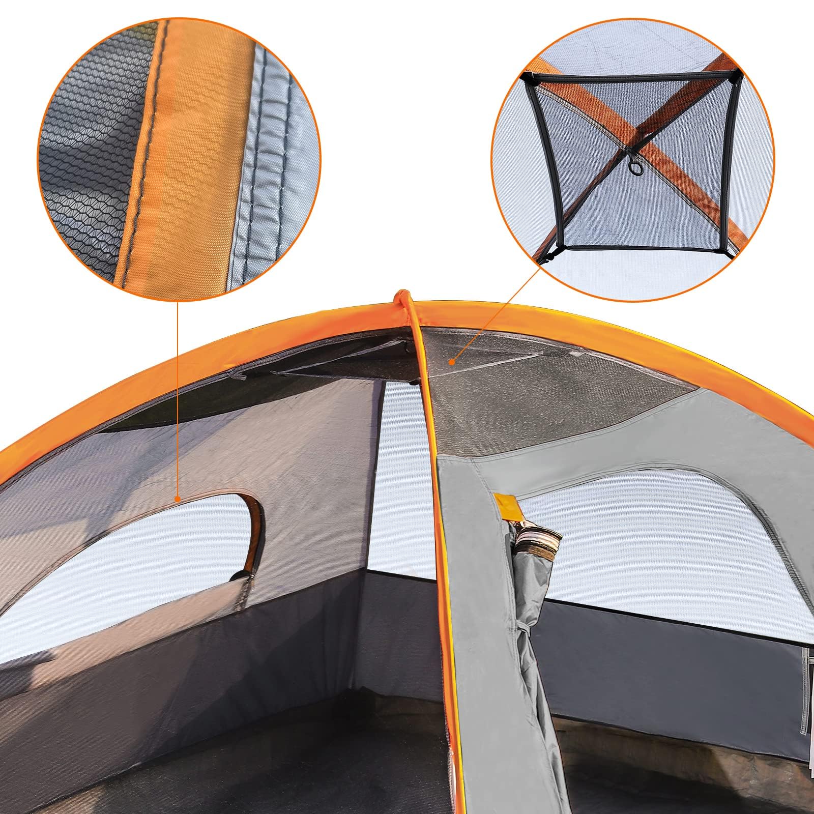 Interior view of dome camping tent with rainfly showing mesh windows and sturdy frame details