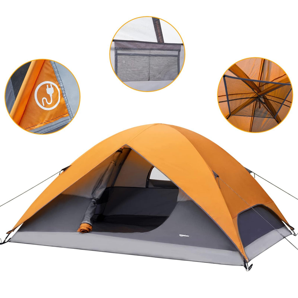 Craques dome camping tent with rainfly in orange and gray, showing ventilation, structure, and waterproof features