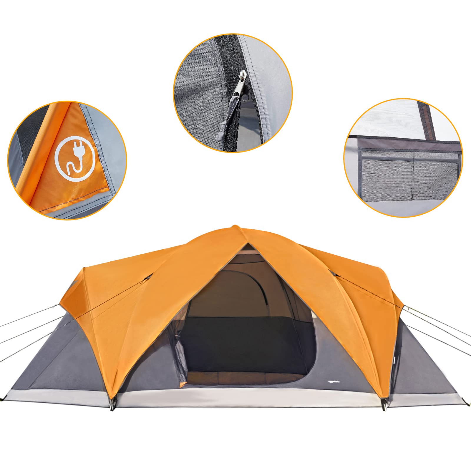 Craques dome camping tent with rainfly in orange and gray with mesh window and zipper details