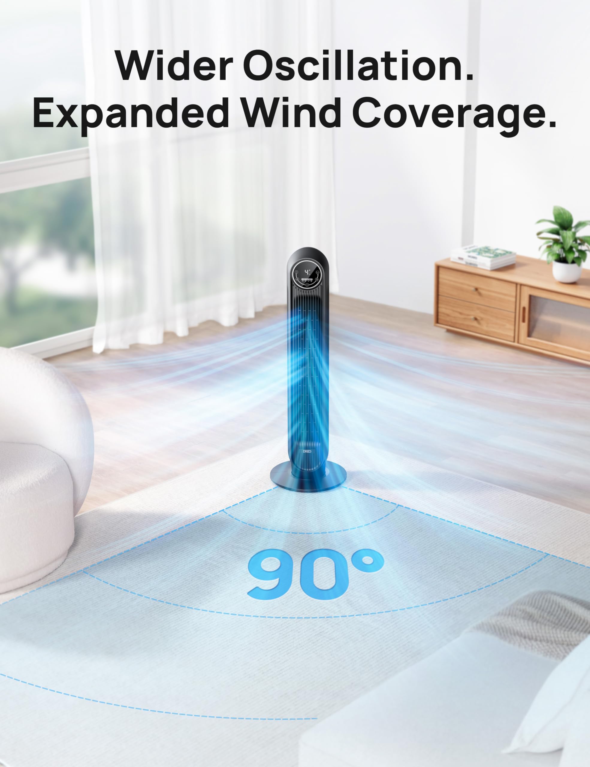 craques quiet tower fan for bedroom with wider oscillation and expanded 90 degree wind coverage