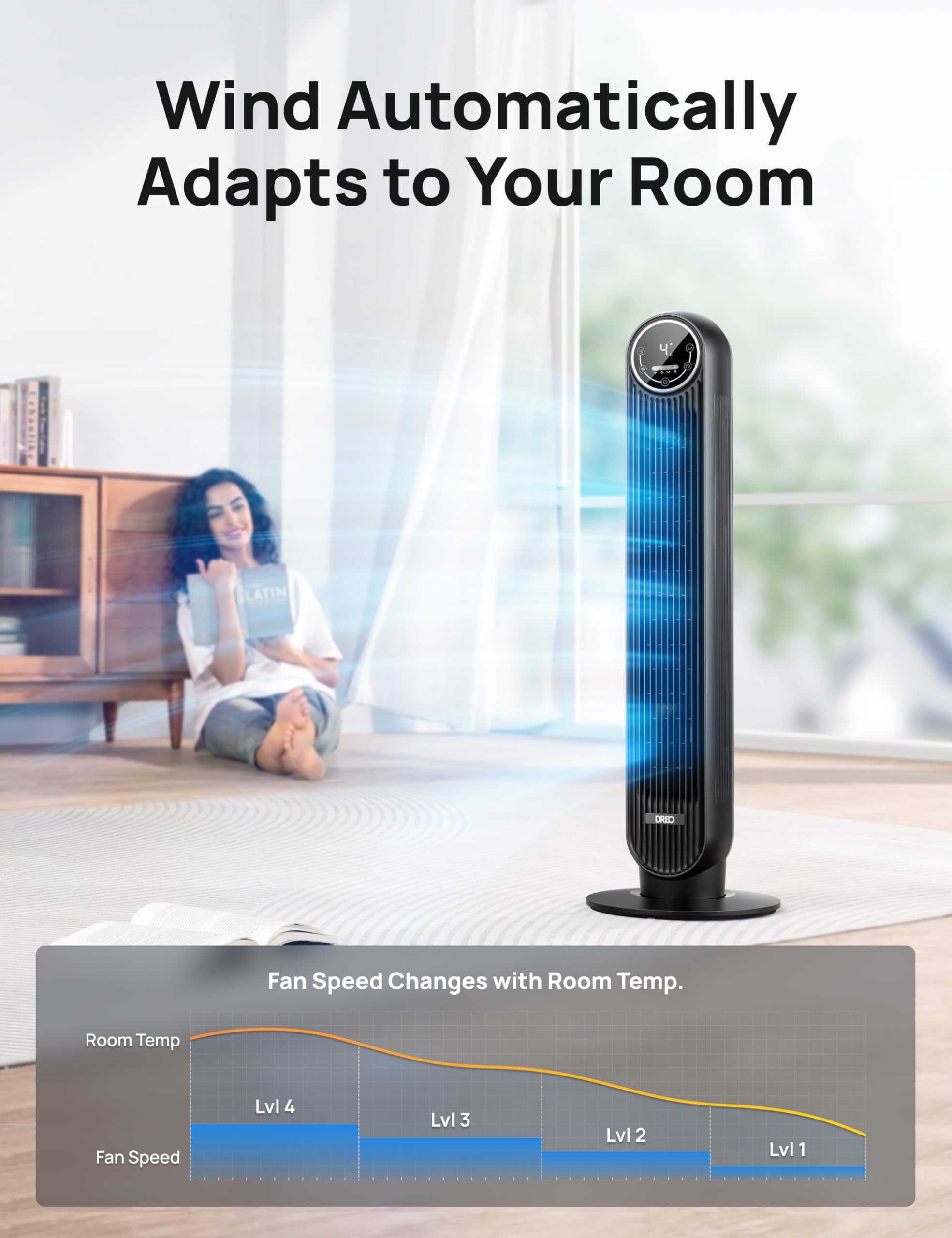 Craques quiet tower fan for bedroom automatically adjusts wind speed based on room temperature with sleek black design
