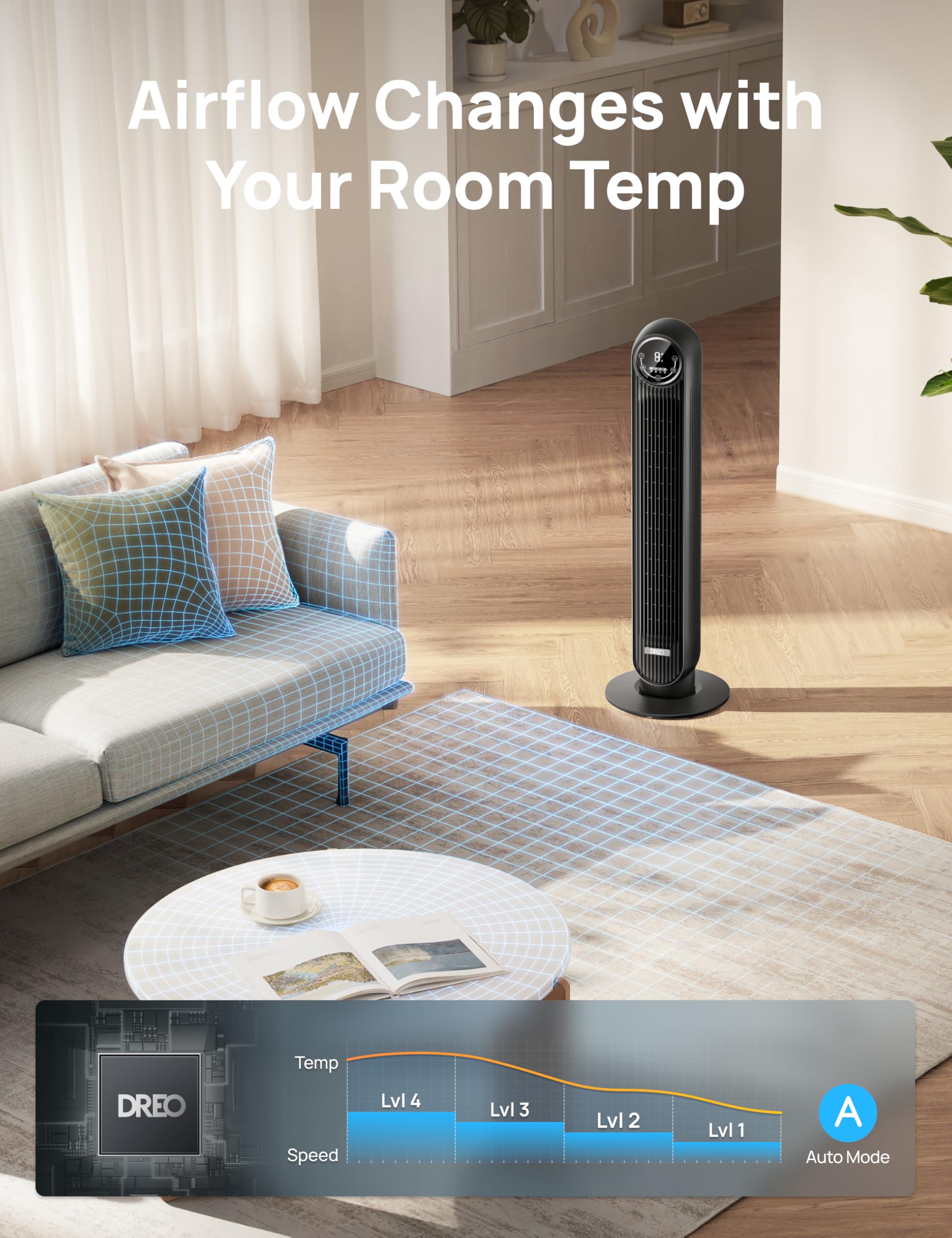 Craques quiet tower fan for bedroom in modern living room with airflow adjustment feature