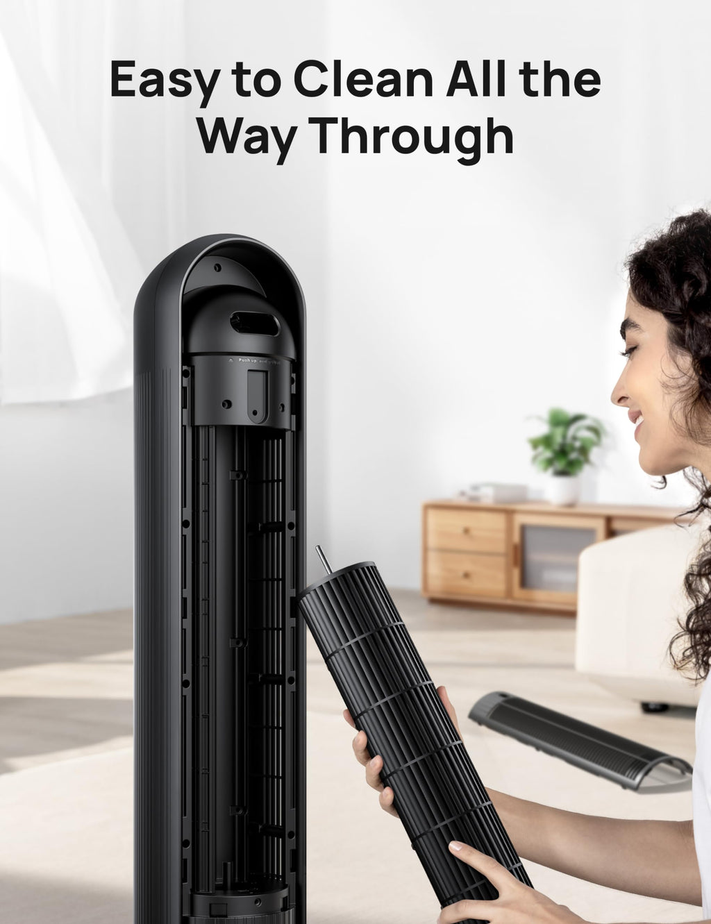 craques quiet tower fan for bedroom showing easy to clean removable fan blade in modern living room