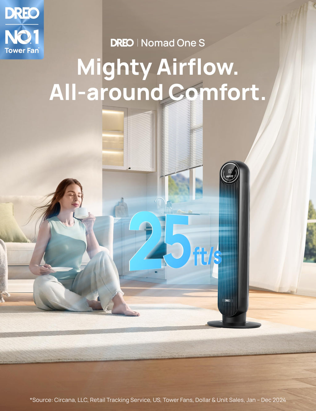 craques quiet tower fan for bedroom with sleek black design providing mighty airflow in a bright living room