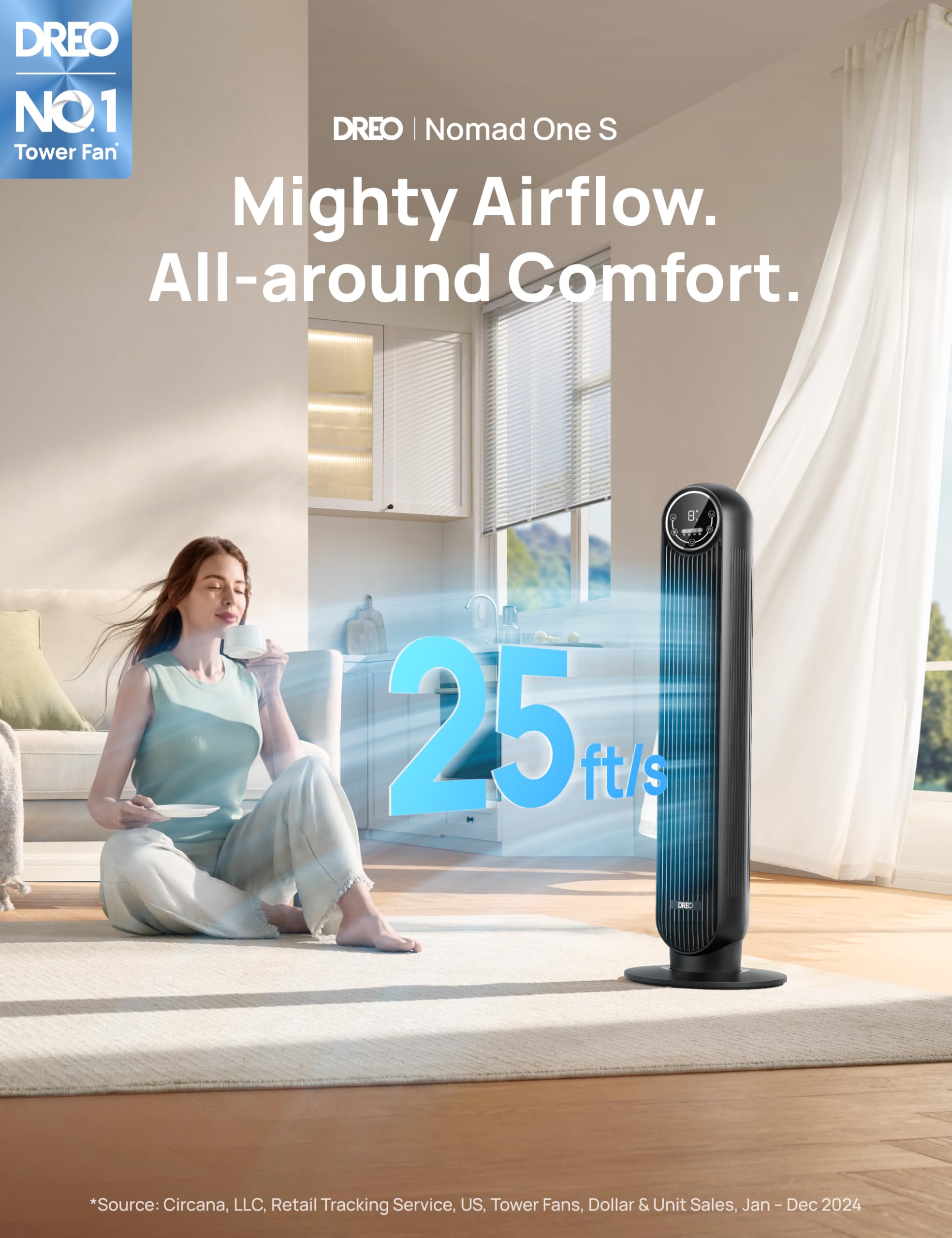 craques quiet tower fan for bedroom with sleek black design providing mighty airflow in a bright living room