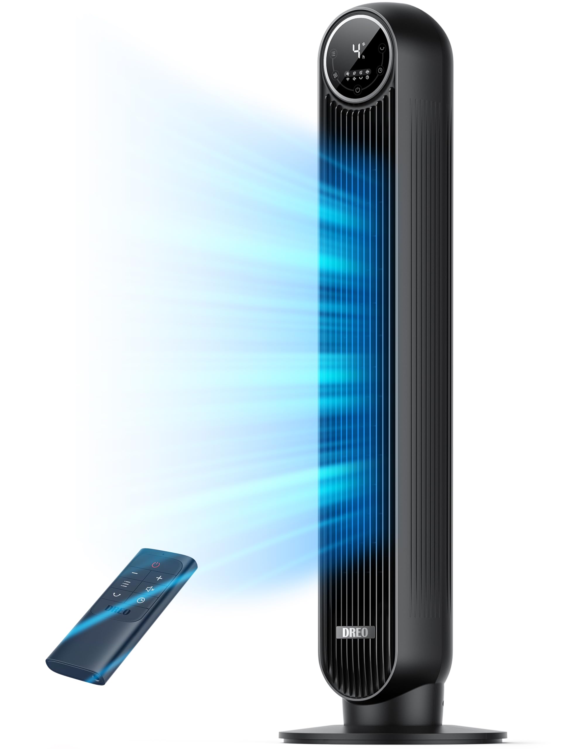 Craques quiet tower fan for bedroom in black with remote control and blue airflow display