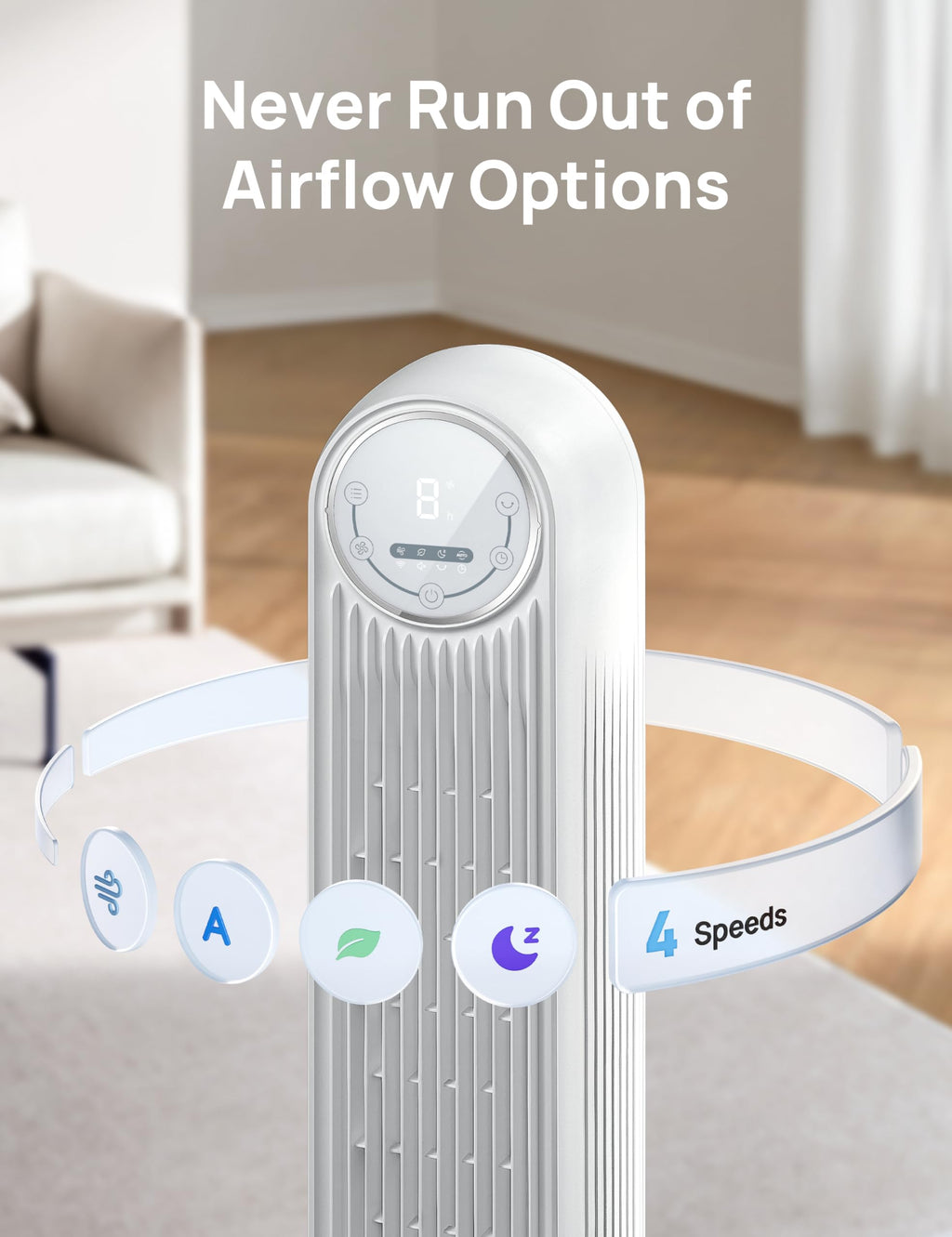 Craques quiet tower fan for bedroom with digital display and 4 adjustable speeds in modern living room