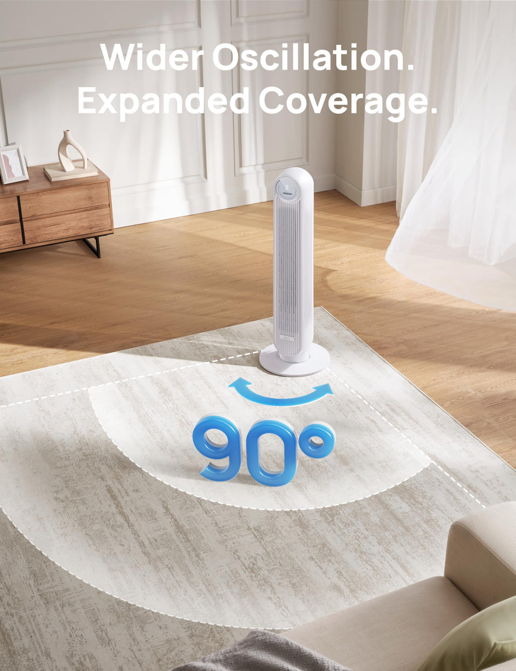 Craques quiet tower fan for bedroom with 90 degree oscillation for wider airflow coverage