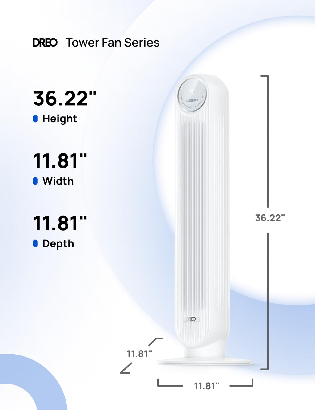 Craques quiet tower fan for bedroom with 36 inch height and sleek white design