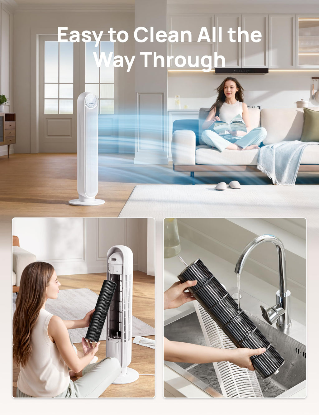 Craques quiet tower fan for bedroom showing airflow, easy to clean filter removed and rinsed under faucet