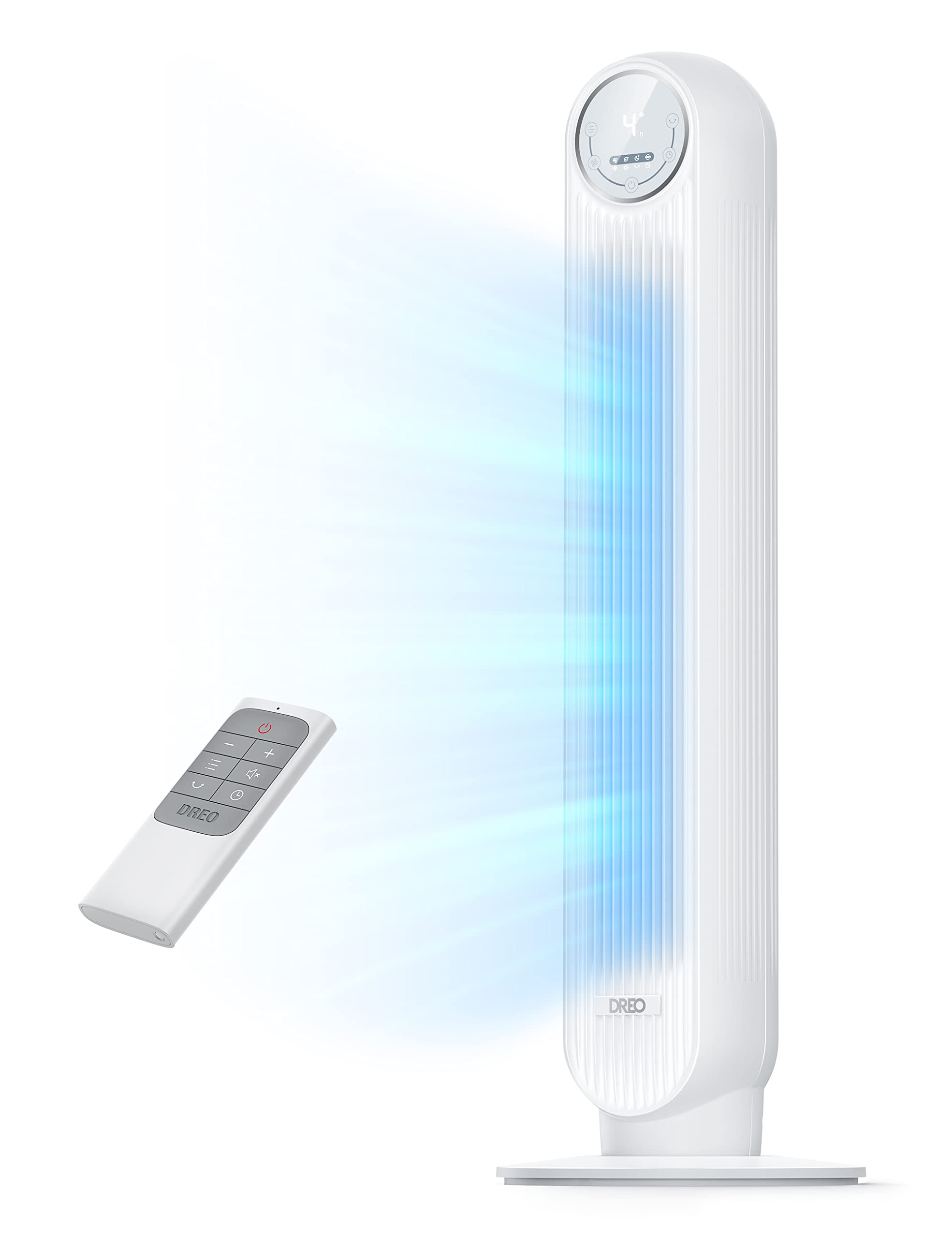 Craques white quiet tower fan for bedroom with remote control and blue airflow display