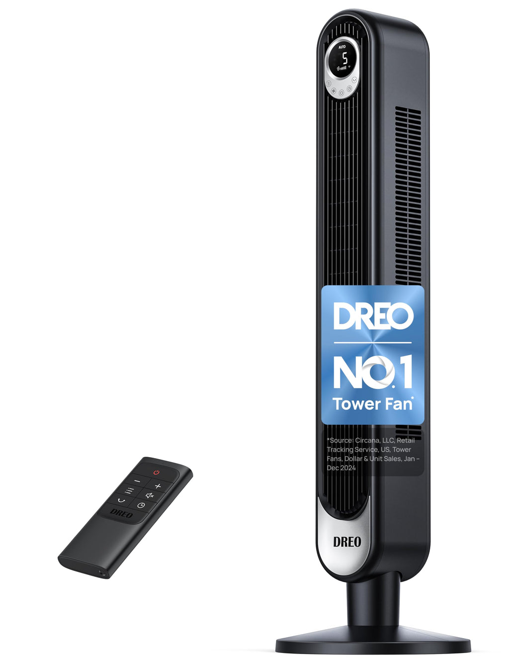 Dreo tower fan for home in black with sleek design and remote control for easy operation