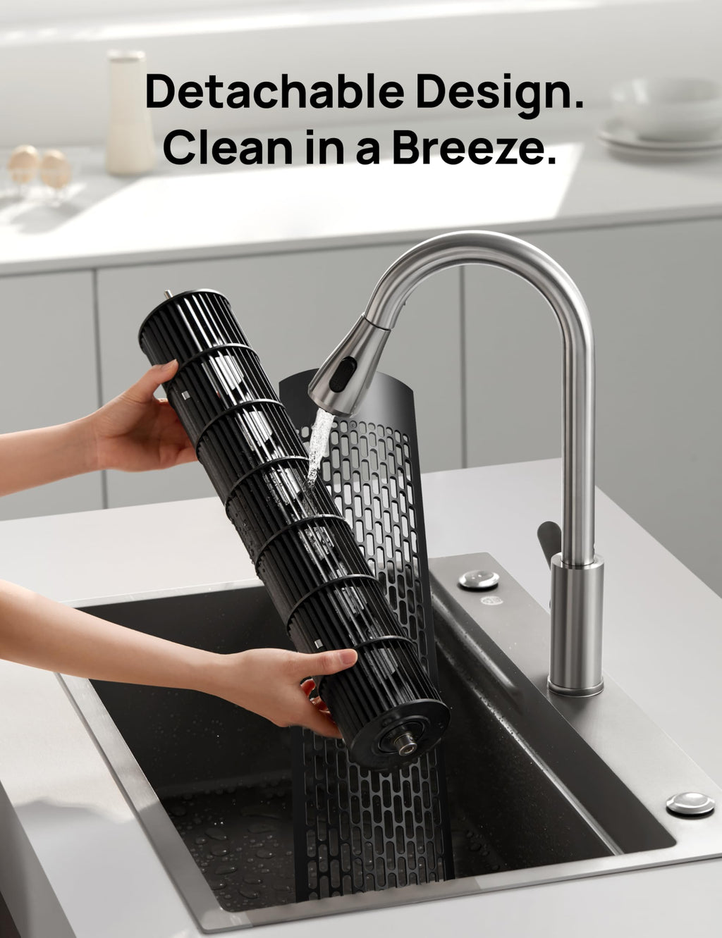 Dreo tower fan for home with detachable design being cleaned under kitchen sink faucet