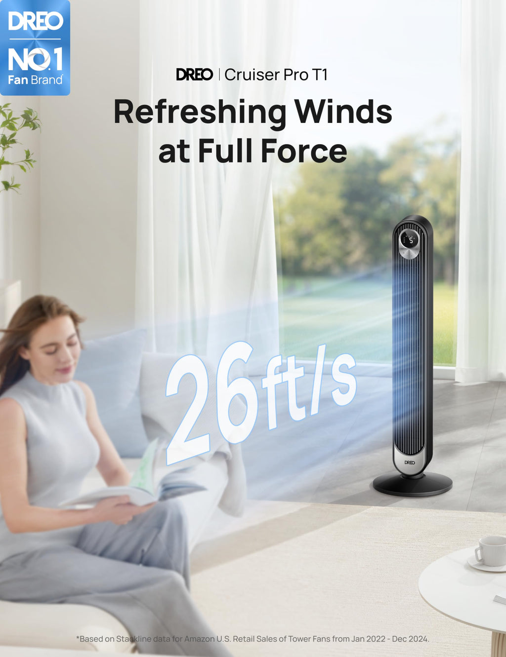 Dreo tower fan for home on floor blowing refreshing winds at 26 feet per second in living room