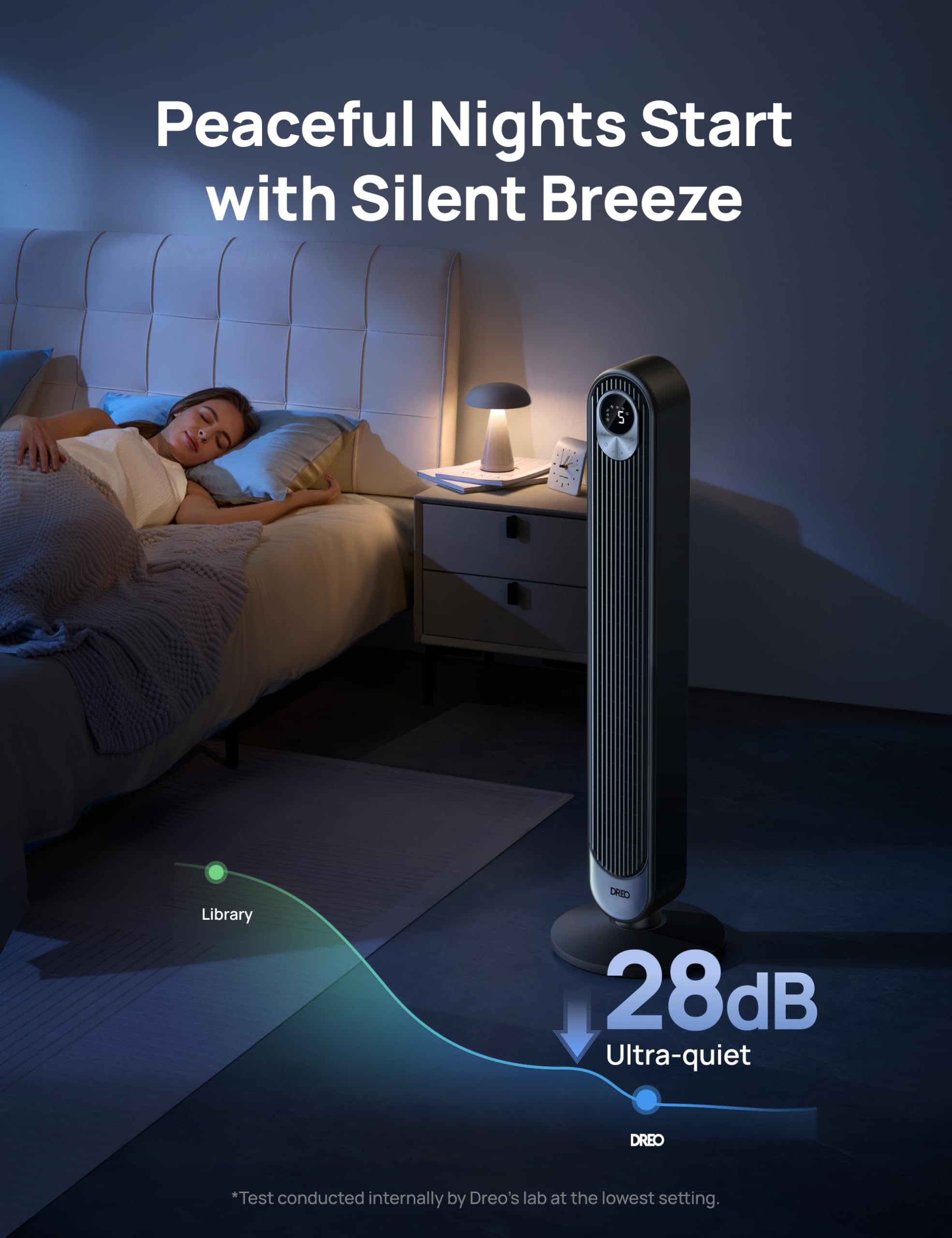 Dreo tower fan for home ultra-quiet operation with 28 decibel silent breeze for peaceful nights
