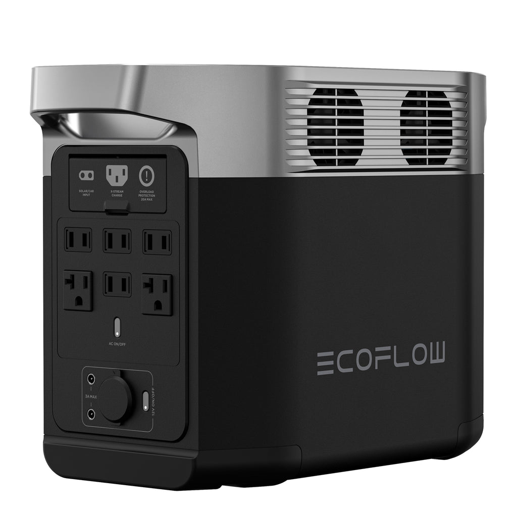 EcoFlow portable solar generator kit with multiple AC outlets and cooling fans in black and gray