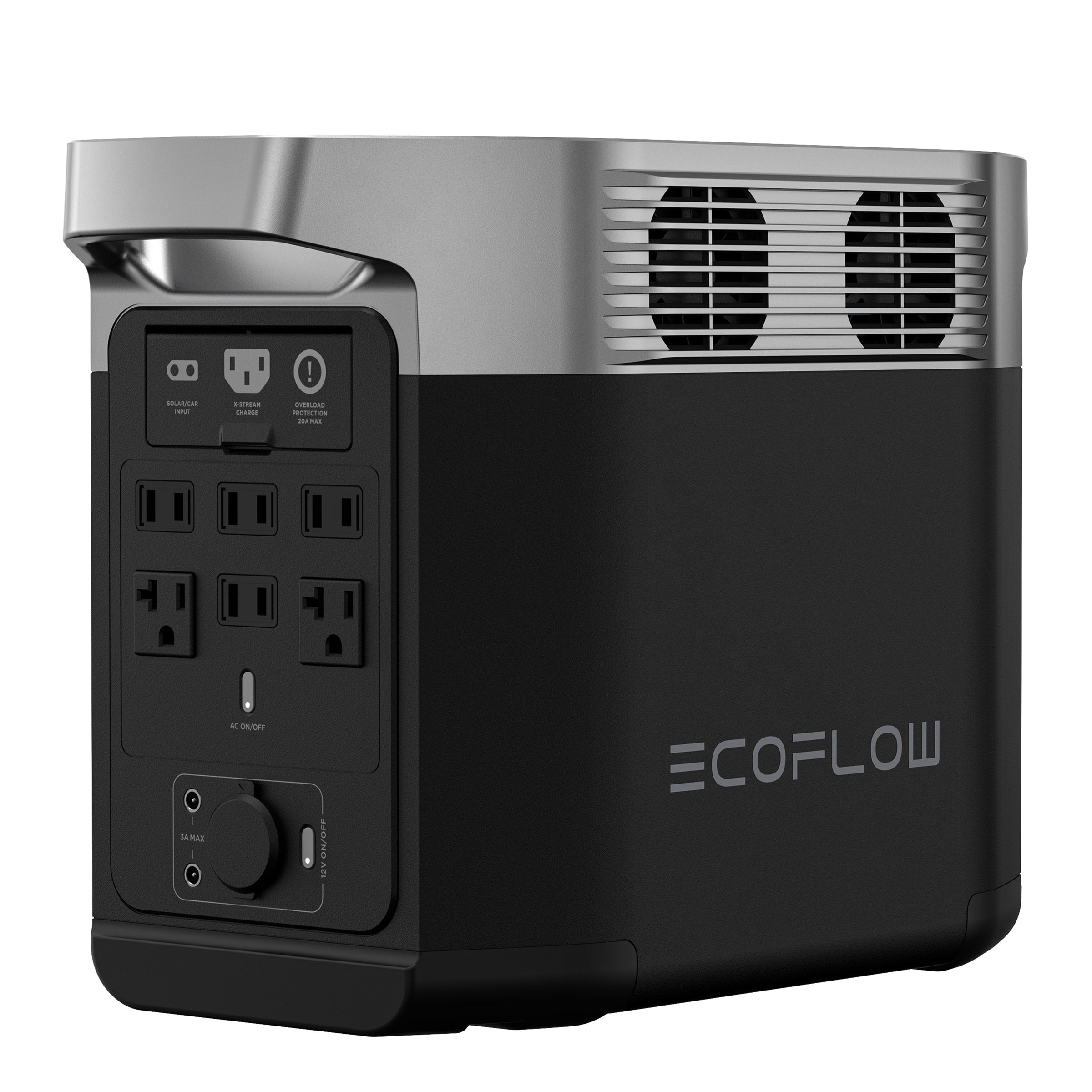 EcoFlow portable solar generator kit with multiple AC outlets and cooling fans in black and gray