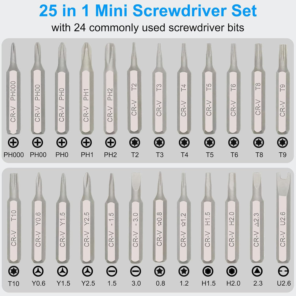 Craques precision screwdriver set for electronics with 25 mini bits including Phillips, flathead, and Torx types