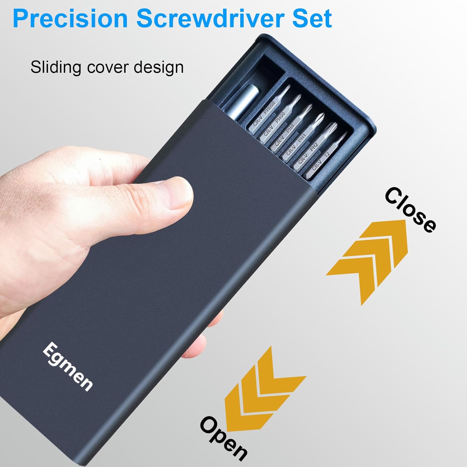 Craques precision screwdriver set for electronics with sliding cover and multiple bits in black case