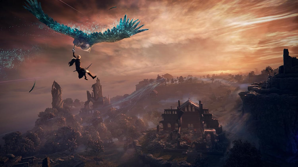 Elden Ring Nightreign PS5 gameplay scene showing a character hanging from a large blue bird flying over a fantasy landscape at sunset