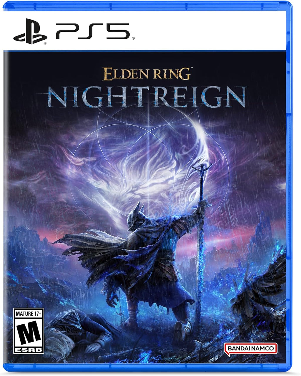 Elden Ring Nightreign PS5 game cover featuring a dark warrior holding a glowing staff in a stormy blue landscape