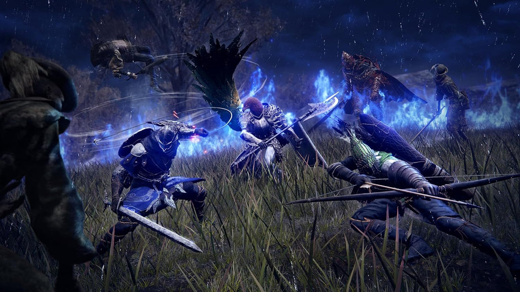 Elden Ring Nightreign PS5 gameplay scene with armored characters fighting undead enemies in a dark forest
