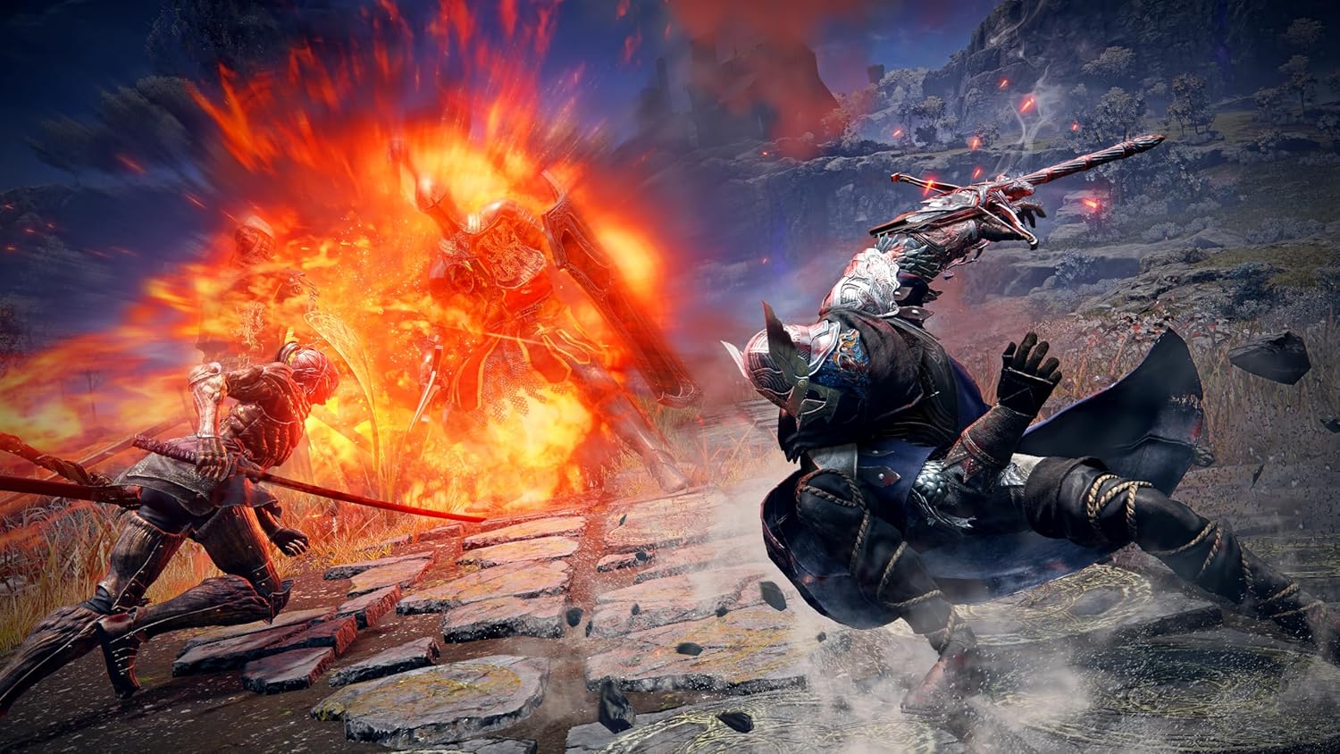 Elden Ring Nightreign PS5 gameplay scene with armored warriors fighting amid fiery explosion
