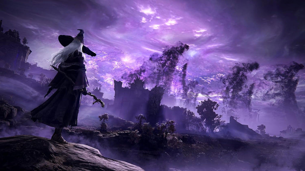 Elden Ring Nightreign PS5 game scene with a character in dark robes facing a purple stormy sky