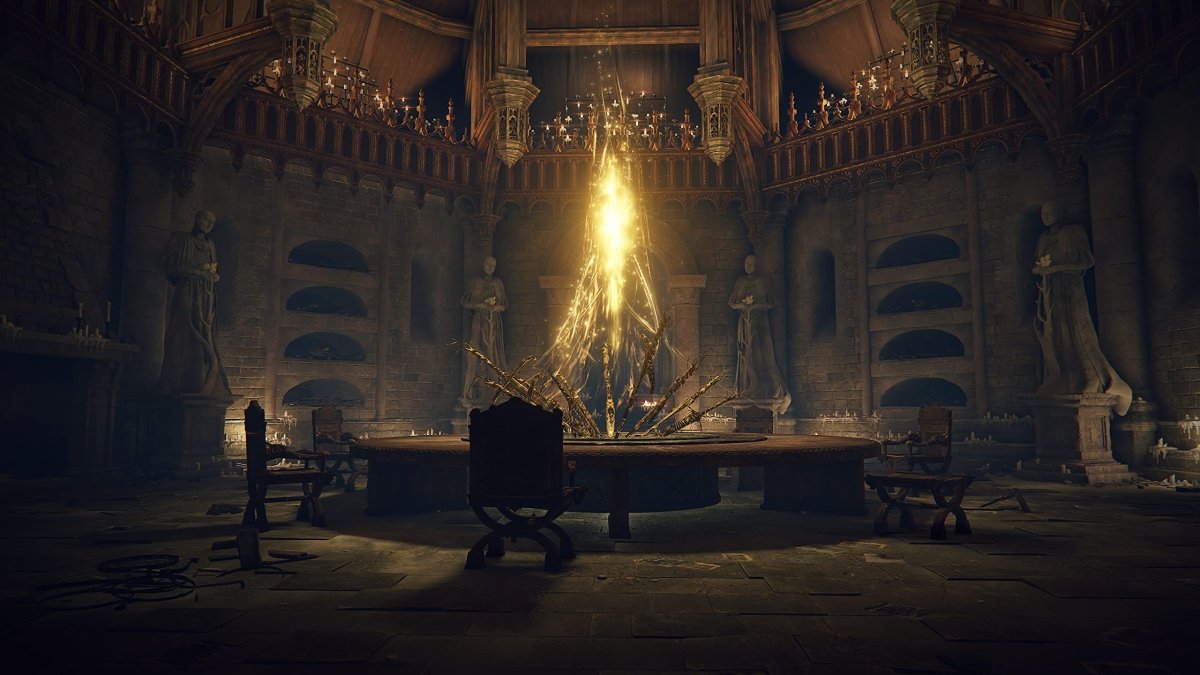 Dark medieval throne room with glowing bonfire in Elden Ring PS5 video game scene