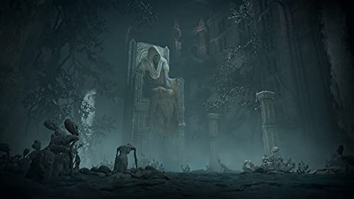 Dark eerie game scene with a large stone throne in a foggy ancient forest for Elden Ring PS5