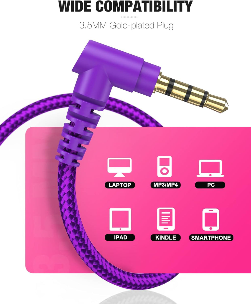 Purple 3.5mm gold-plated plug cable for kids foldable headphones compatible with laptop smartphone and tablet