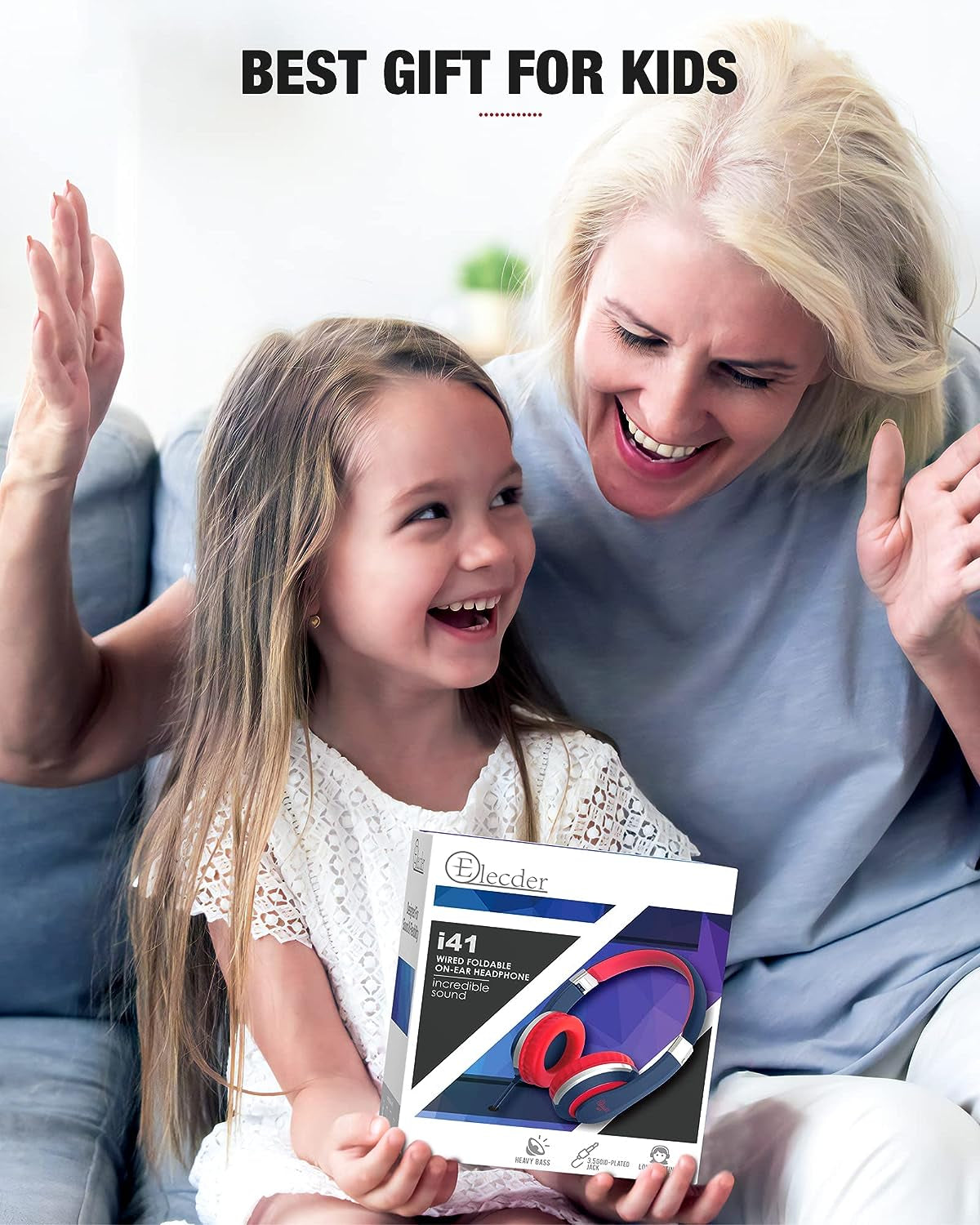 Happy mother and daughter with a box of craques kids foldable headphones labeled best gift for kids