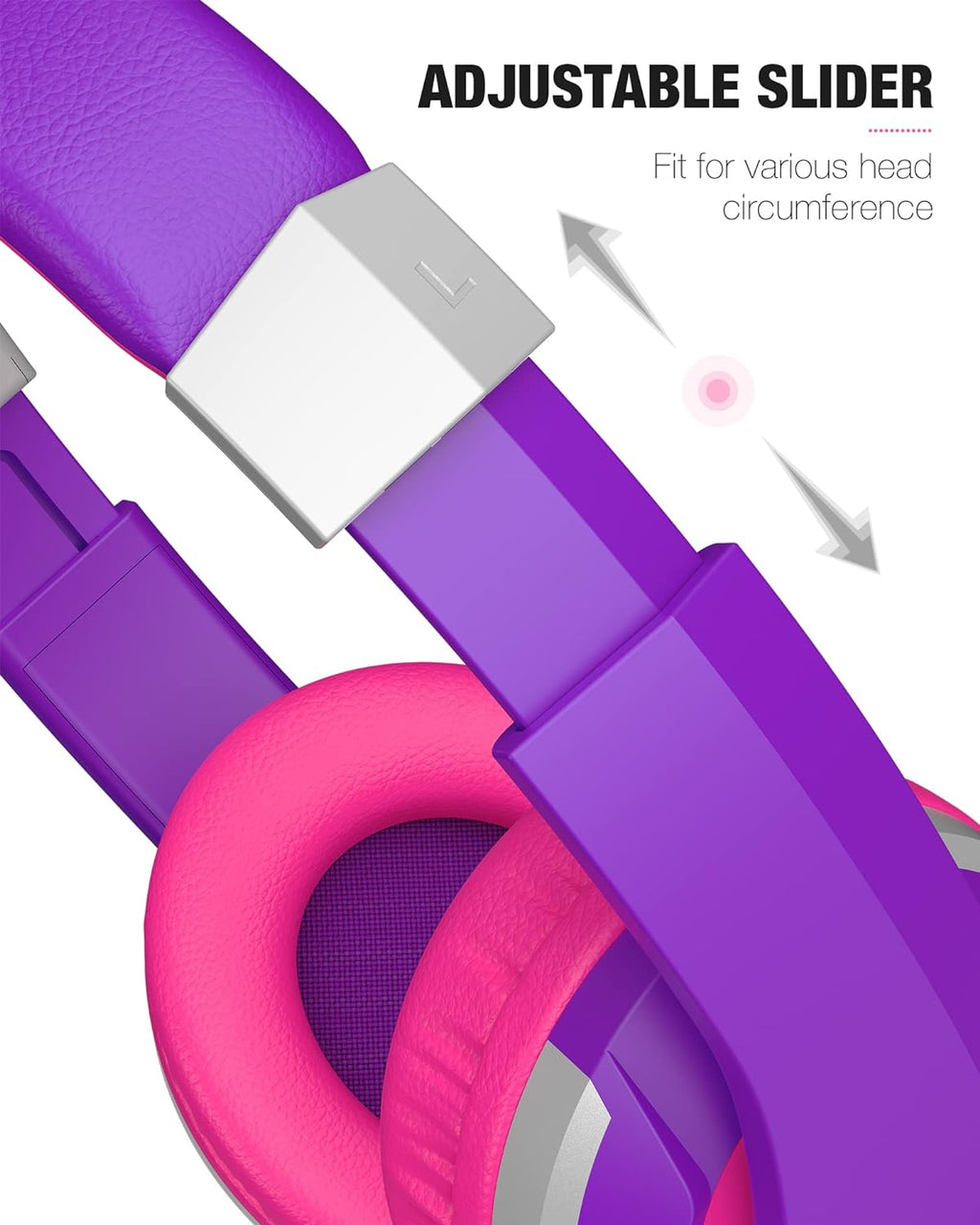Craques kids foldable headphones in purple and pink with adjustable slider for different head sizes