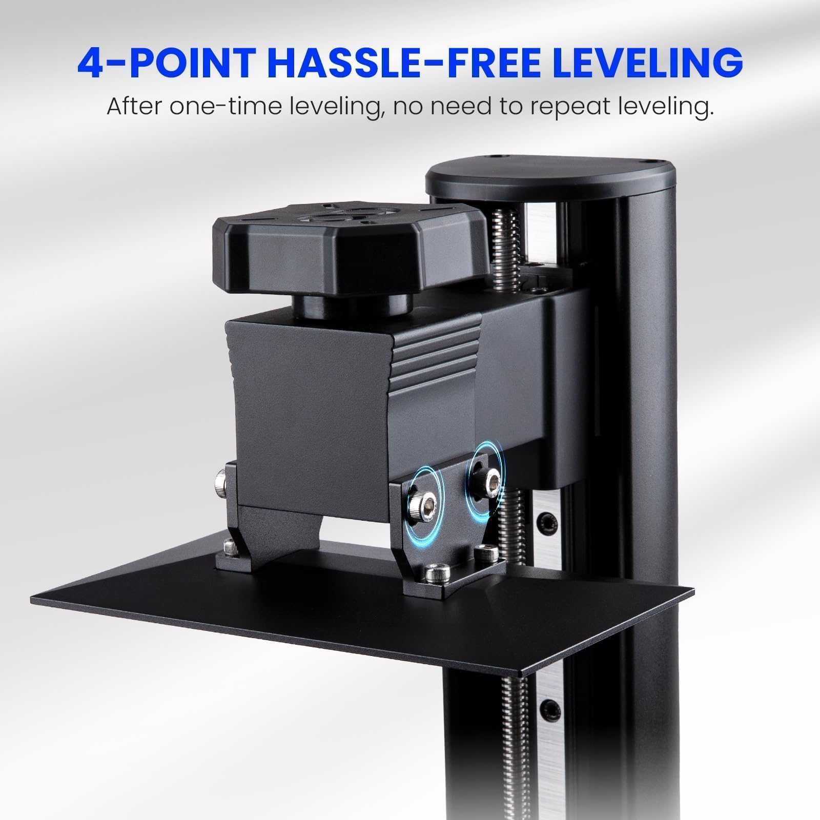 Close-up of ELEGOO Mars 4 MSLA 3D printer’s 4-point hassle-free leveling system with black platform and adjustment knob