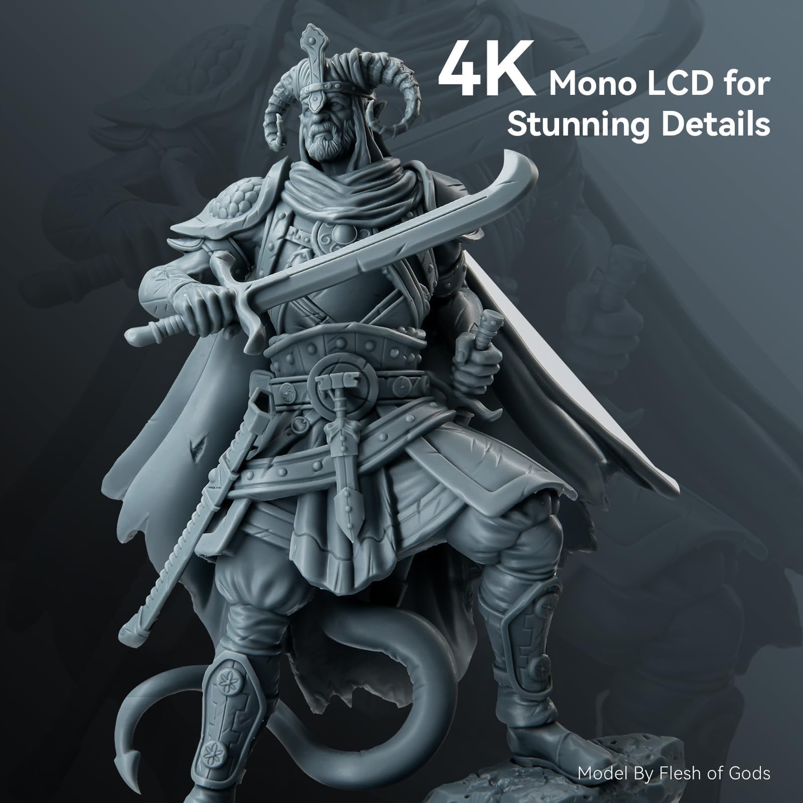 Detailed 3D printed warrior figure showcasing 4K Mono LCD quality from ELEGOO Mars 4 MSLA 3D printer