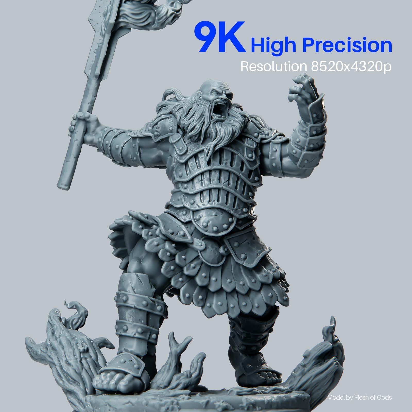 Highly detailed 3D printed warrior figurine showing 9K high precision from ELEGOO Mars 4 MSLA 3D printer