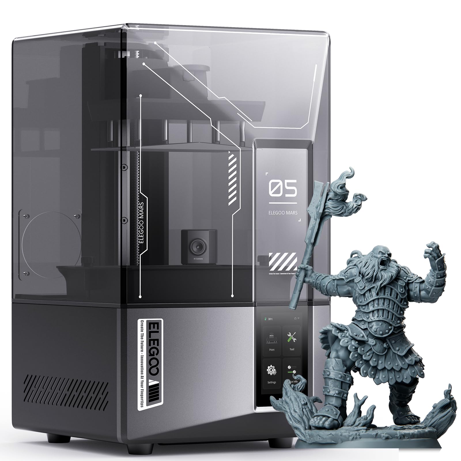 ELEGOO Mars 4 MSLA 3D printer with detailed gray warrior miniature model on base