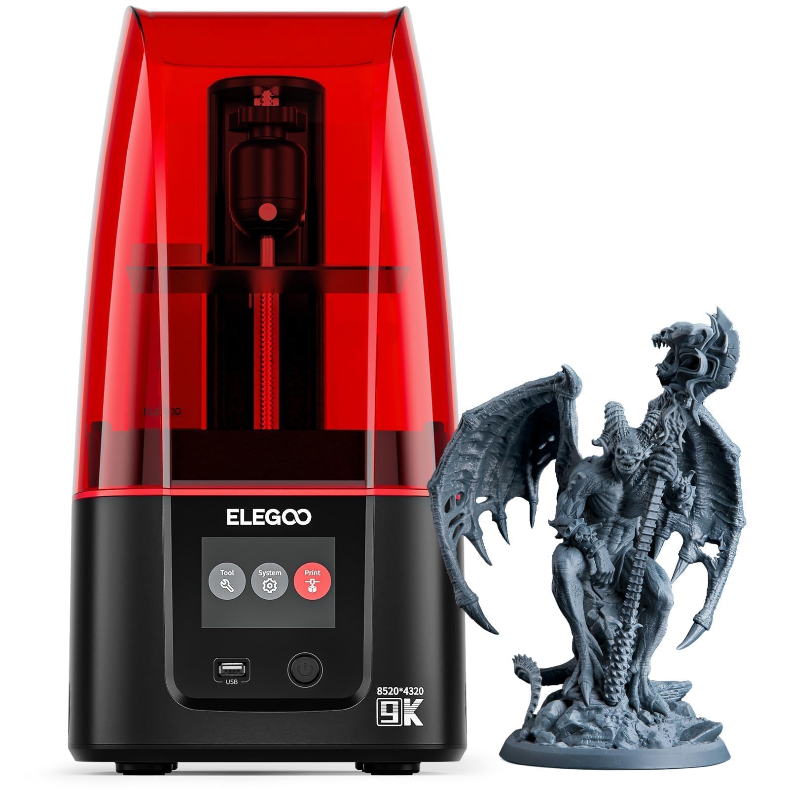 ELEGOO Mars 4 MSLA 3D printer with red cover and detailed gray dragon warrior model print