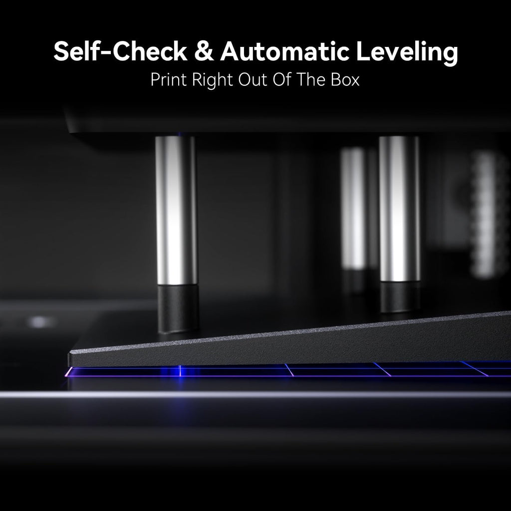 Close-up of ELEGOO Mars 4 MSLA 3D printer showing self-check and automatic leveling features