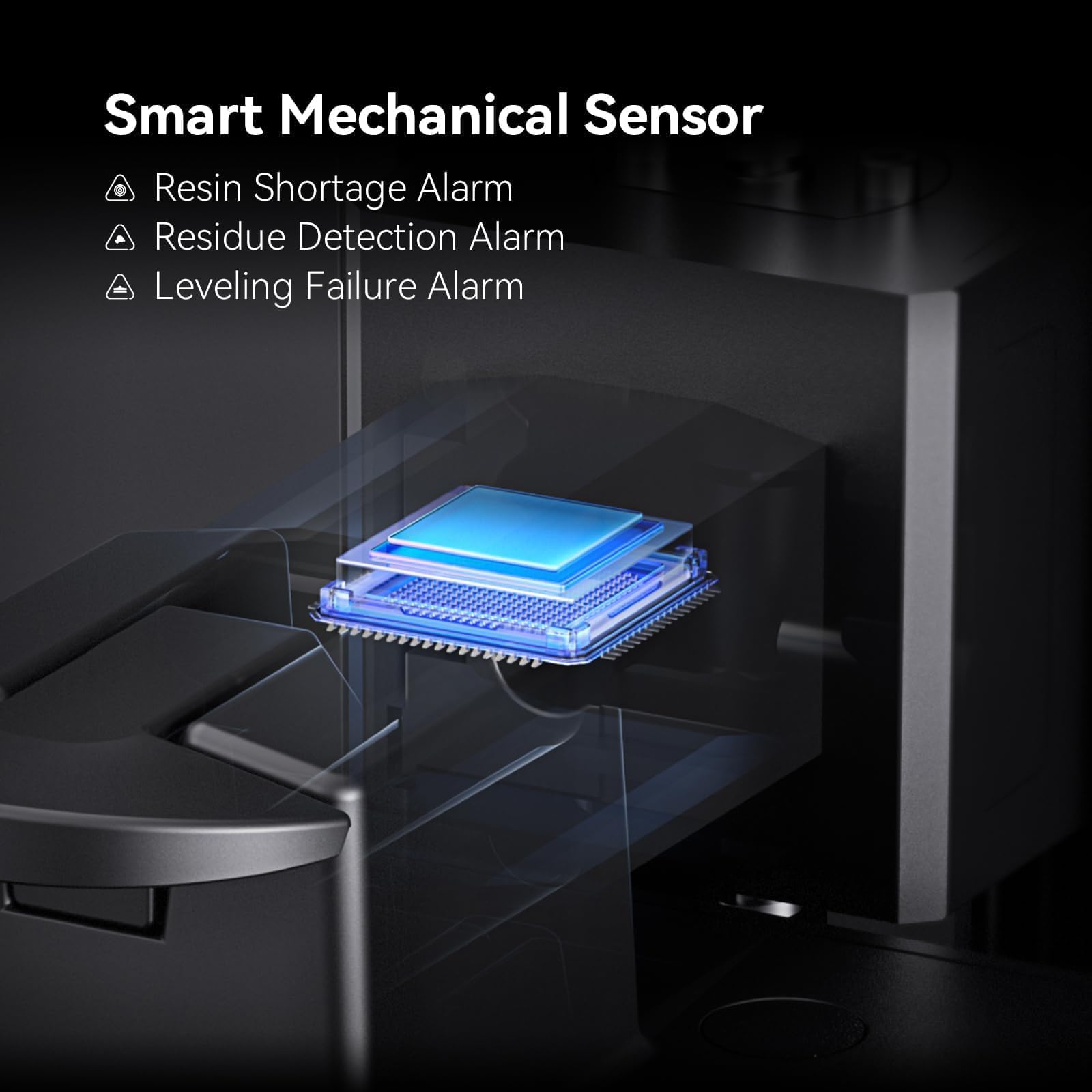 Smart mechanical sensor feature showing resin shortage, residue detection, and leveling failure alarms for ELEGOO Mars 4 MSLA 3D printer