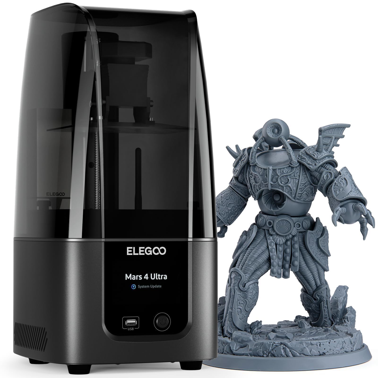 ELEGOO Mars 4 MSLA 3D printer in black with detailed 3D printed armored warrior figurine