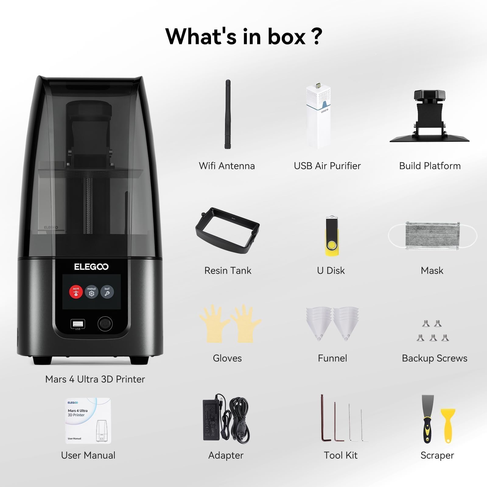 ELEGOO Mars 4 MSLA 3D printer with included accessories like resin tank, build platform, USB air purifier, and tool kit