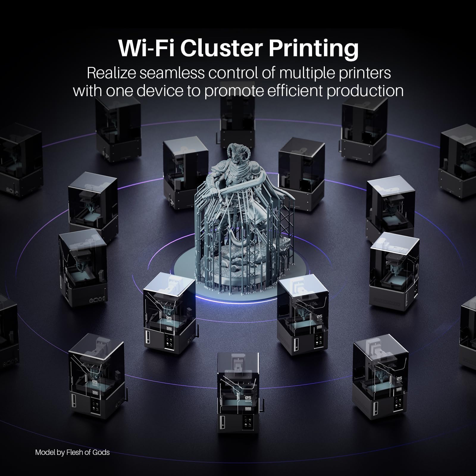 Multiple ELEGOO Mars 4 MSLA 3D printers arranged in a Wi-Fi cluster printing a detailed figurine