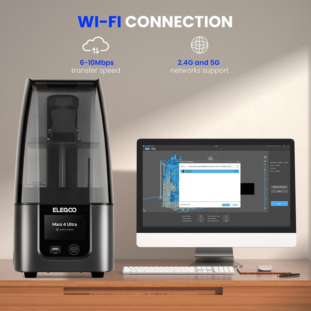 ELEGOO Mars 4 MSLA 3D printer with Wi-Fi connection next to a computer displaying 3D printing software