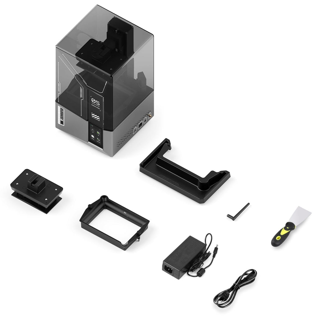 ELEGOO Mars 4 MSLA 3D printer with accessories including power adapter, scraper, cables, and mounting parts