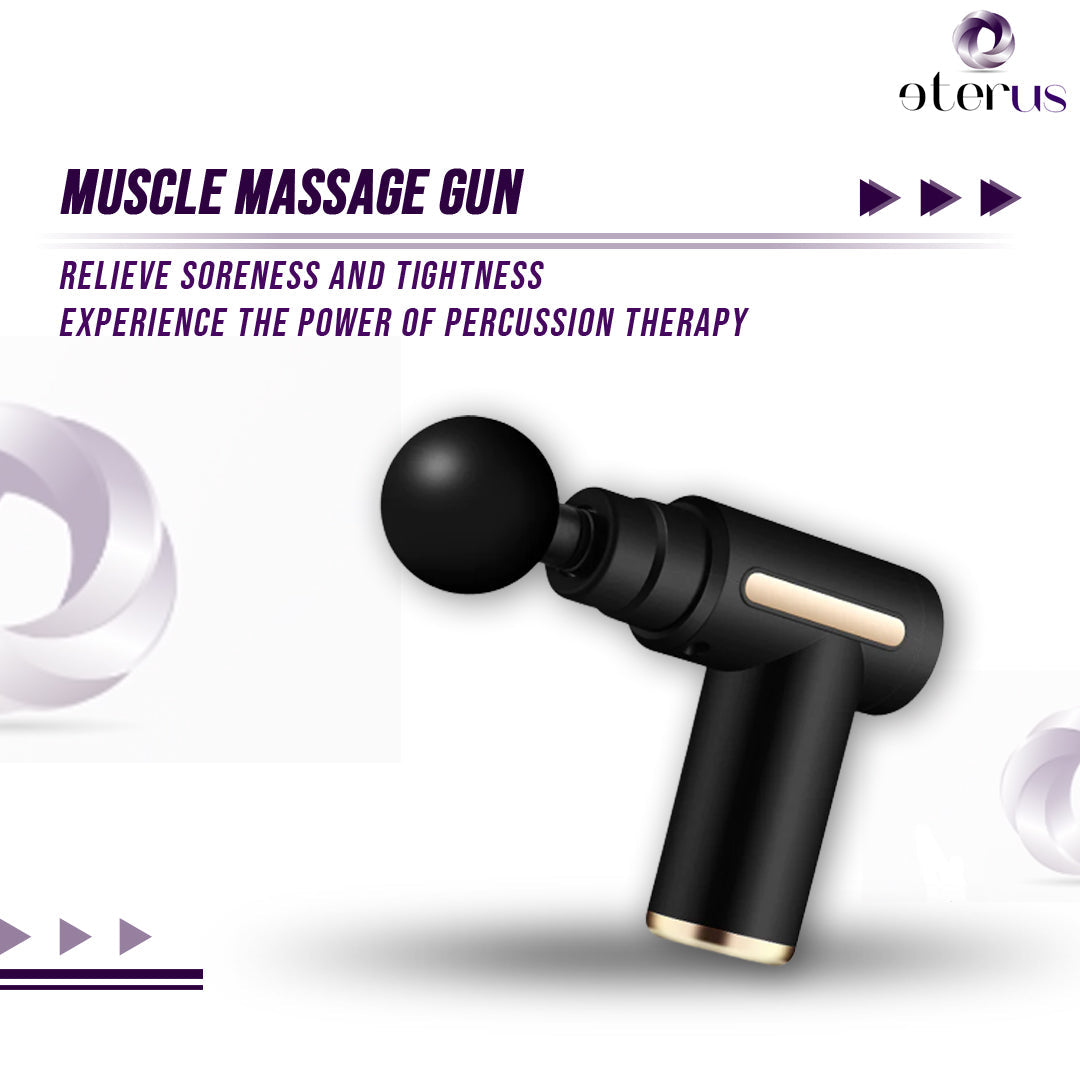 DC-eterus deep tissue muscle massage gun in black for relieving soreness and tightness with percussion therapy